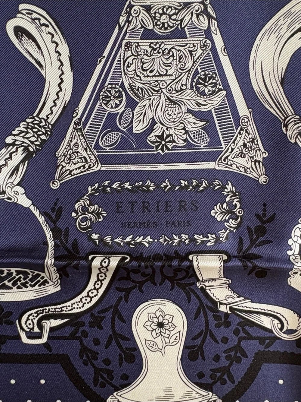Hermes Navy Blue and White Equestrian Print Silk Scarf  Etriers Remix bandana 55
